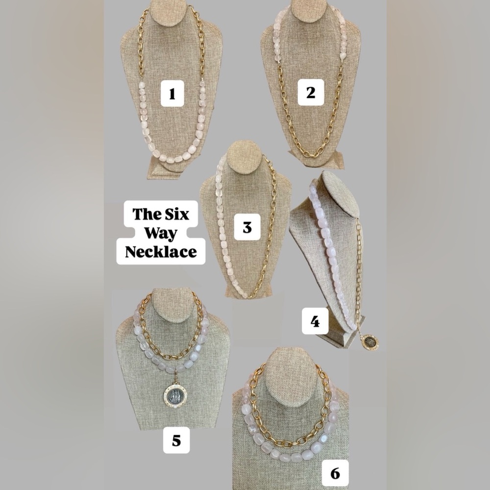 The 6 Way Necklace: Rose Quartz & Gold Chain Greek 3 Graces Coin Pendant OOAK!